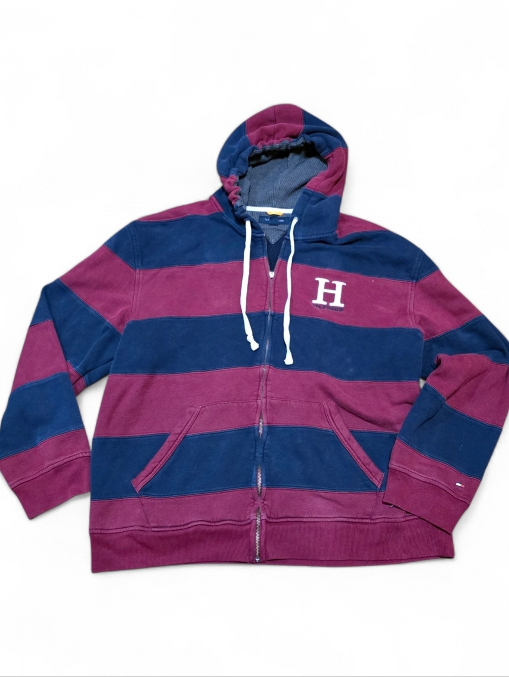 Vintage Tommy Hilfiger Striped Maroon and Navy Zip Hoodie with 'H' Patch Men XXL